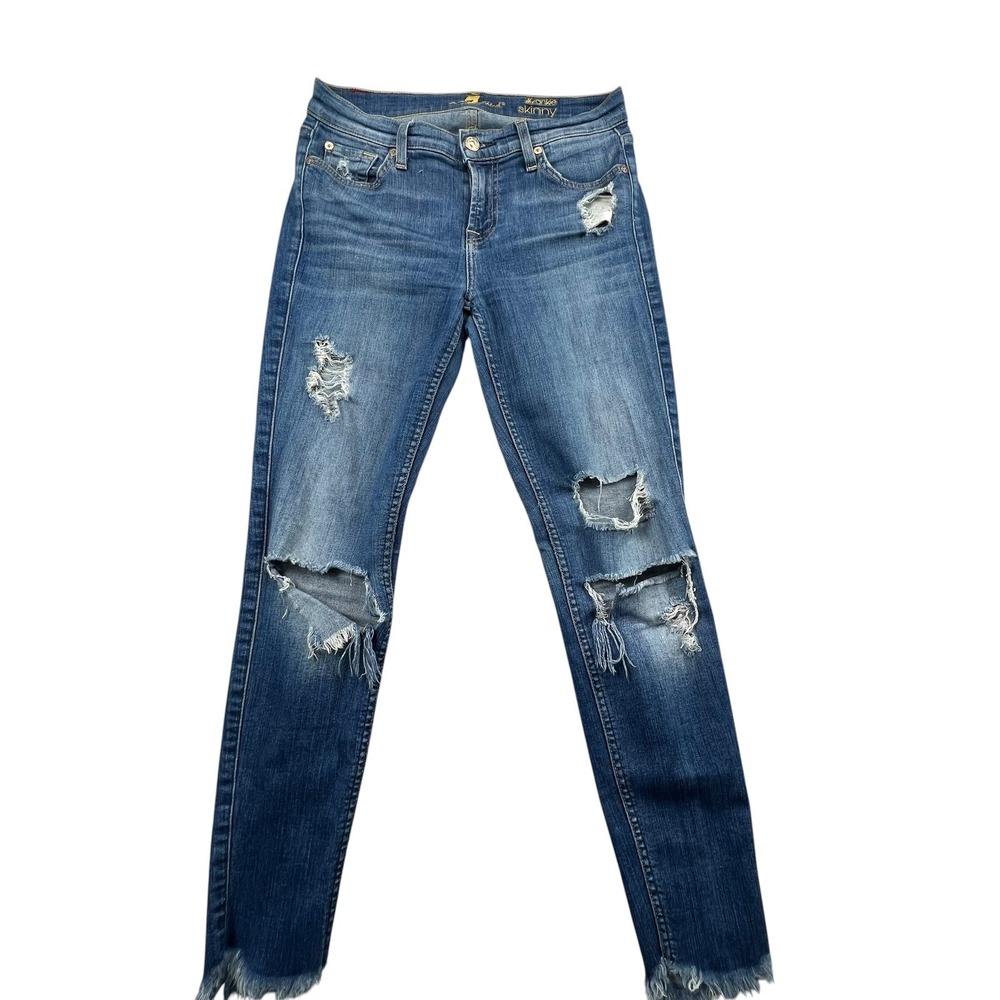 7 For All Mankind Ankle Skinny Jeans Womens 26 Blue Distressed‎ Raw Hem Denim